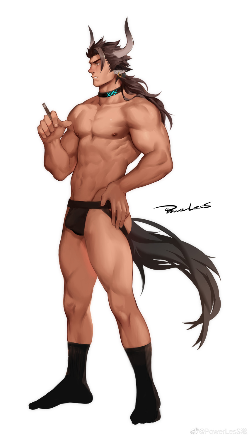 1boy abs absurdres animal_ears arknights bara brown_eyes brown_hair brown_male_underwear bulge cigarette cow_boy cow_ears cow_horns cow_tail earrings from_side hand_on_hip highres holding holding_cigarette horns jewelry jockstrap looking_to_the_side male_focus male_underwear matterhorn_(arknights) medium_hair muscular muscular_male navel nipples pectorals powerlesssong socks solo stomach tail thick_thighs thighs topless_male underwear underwear_only