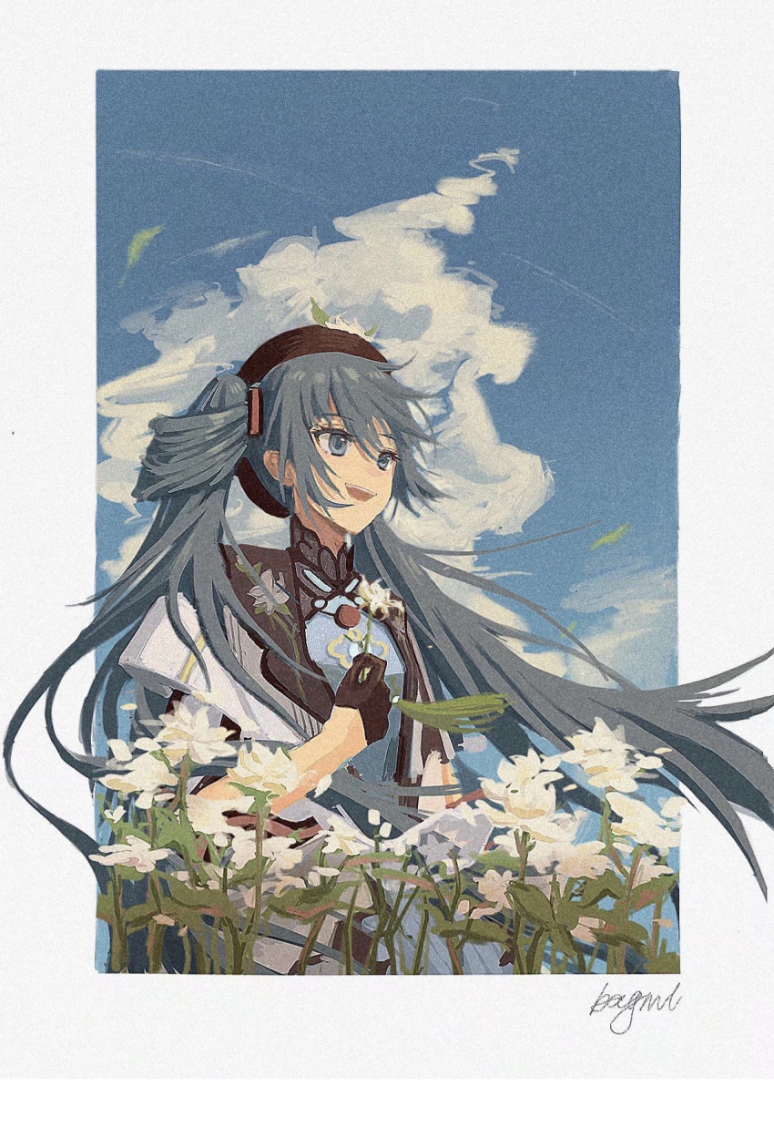 1girl :d alternate_hairstyle aqua_eyes aqua_hair bagml chinese_commentary commentary flower gloves hair_rings hat hatsune_miku highres holding holding_flower jasmine_(flower) miku_with_you_(vocaloid) outdoors signature smile solo twintails vocaloid white_flower