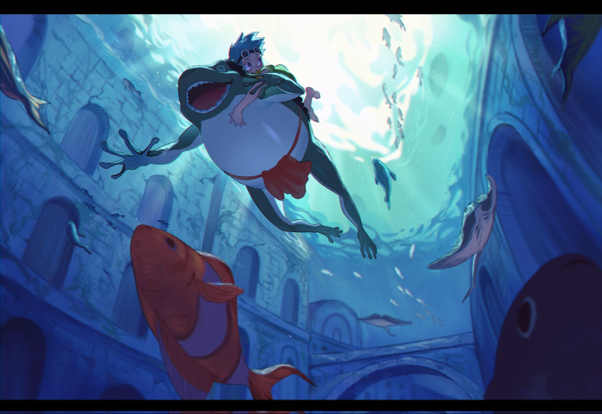 1boy architecture blue_hair blue_theme clownfish fish franky frog from_below highres loincloth male_focus one_piece qin_(7833198) scenery solo underwater yokozuna younger