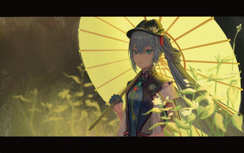 1girl aqua_eyes aqua_hair bagml chinese_commentary commentary_request dress flower gloves hair_rings hat hatsune_miku highres holding holding_umbrella jasmine_(flower) miku_with_you_(vocaloid) outdoors plant short_sleeves smile solo twintails umbrella vocaloid