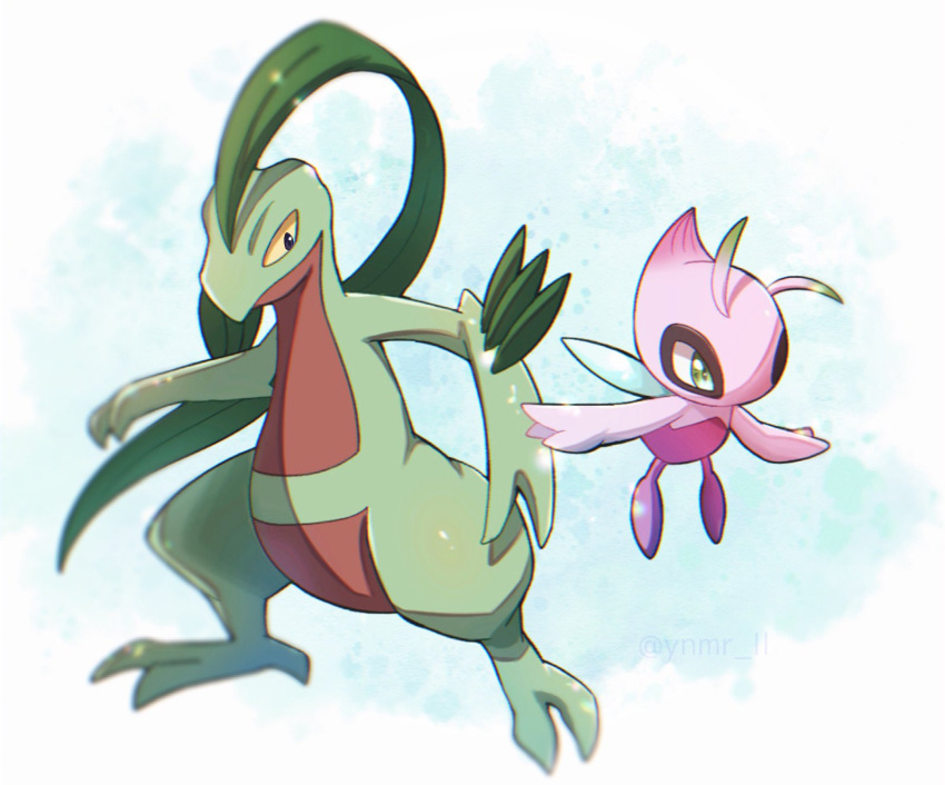 alternate_color black_eyes blurry celebi closed_mouth commentary green_eyes grovyle highres looking_to_the_side no_humans pokemon pokemon_(creature) shiny_pokemon toes twitter_username ynmr_ll