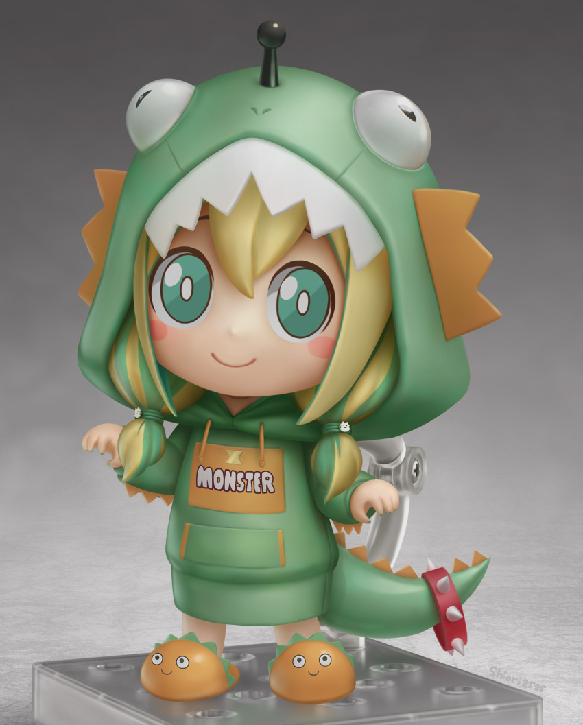 1girl absurdres amano_pikamee animal_hair_ornament artist_name blonde_hair blush_stickers bright_pupils claw_pose commentary dinosaur_costume dinosaur_hood dinosaur_tail english_commentary figure_stand green_eyes green_hair green_hoodie grey_background hands_up highres hood hoodie looking_at_viewer low_twintails multicolored_hair nendoroid official_alternate_costume shiori2525 simple_background slippers smile solo streaked_hair tail twintails two-tone_hair voms white_pupils