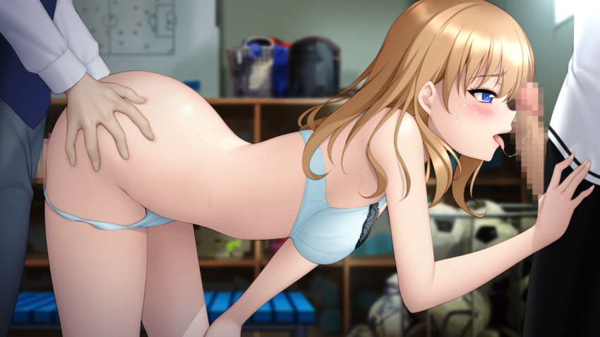 1girl 2boys ass_grab ball bent_over black_pants blonde_hair blue_eyes blue_vest blurry blurry_background blush bra breasts censored cowboy_shot fellatio from_side game_cg grey_pants haitoku_to_yokubou_no_aida_de indoors kiryuu_kokoro licking licking_penis long_hair long_sleeves medium_breasts mosaic_censoring multiple_boys official_art oral panties pants panty_pull penis profile saliva saliva_trail sex shiny shiny_hair shirt soccer_ball standing standing_sex straight_hair underwear underwear_only vaginal vest white_bra white_panties white_shirt