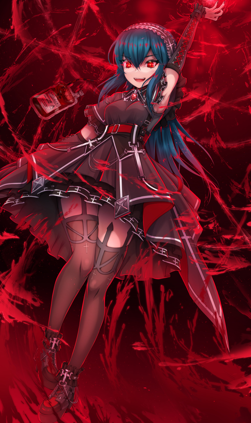 1girl arm_up armpits bianca_(black_survival) black_dress black_footwear black_survival blood blood_bag blue_hair breasts cross dress drinking_straw gothic_lolita hemokinesis highres lolita_fashion long_hair open_mouth red_eyes shimo_(depthbomb) small_breasts solo thighhighs zettai_ryouiki