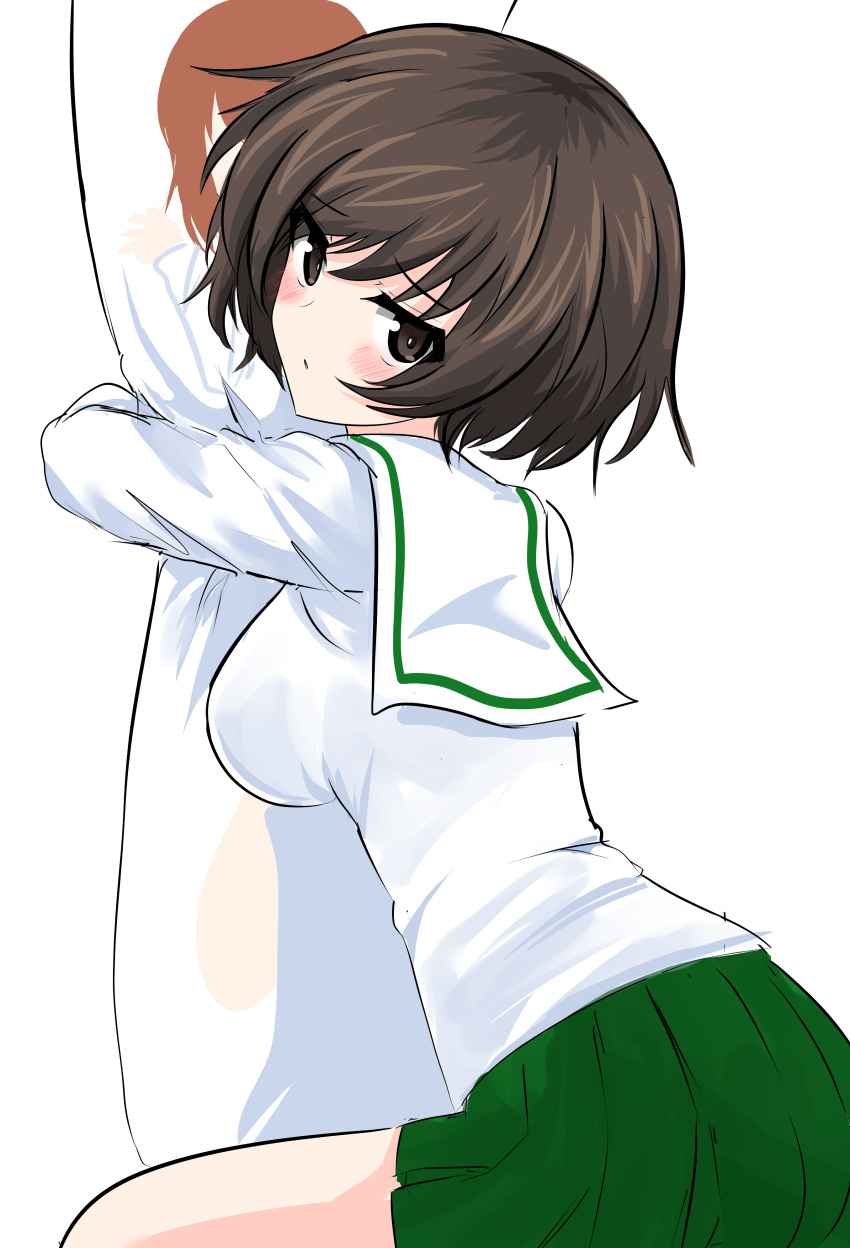 1girl absurdres aikir_(jml5160) akiyama_yukari bangs black_neckwear blouse blush brown_eyes brown_hair commentary dakimakura_(object) eyebrows_visible_through_hair from_side girls_und_panzer green_skirt highres light_frown long_sleeves looking_at_viewer looking_back messy_hair miniskirt neckerchief nishizumi_miho object_hug ooarai_school_uniform parted_lips pillow pillow_hug pleated_skirt sailor_collar school_uniform serafuku short_hair simple_background sitting skirt solo white_background white_blouse white_sailor_collar