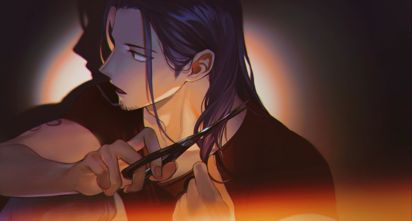 1boy cutting_own_hair facial_hair from_side highres iceburg male_focus one_piece parted_lips profile purple_hair qin_(7833198) scissors short_sleeves solo