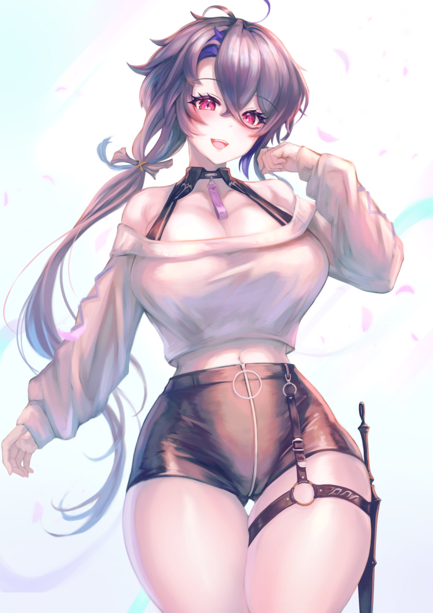 1girl absurdres azur_lane bangs bare_shoulders breasts cleavage cowboy_shot cropped_sweater crossed_bangs denchi_more_power foch_(azur_lane) foch_(rainbow_rendezvous)_(azur_lane) hair_between_eyes high-waist_shorts highres holster huge_breasts knife_holster latex_shorts long_hair midriff_peek o-ring_belt off-shoulder_sweater off_shoulder official_alternate_costume open_mouth petals purple_eyes purple_hair short_hair_with_long_locks solo standing sweater thigh_gap thigh_holster very_long_hair white_sweater
