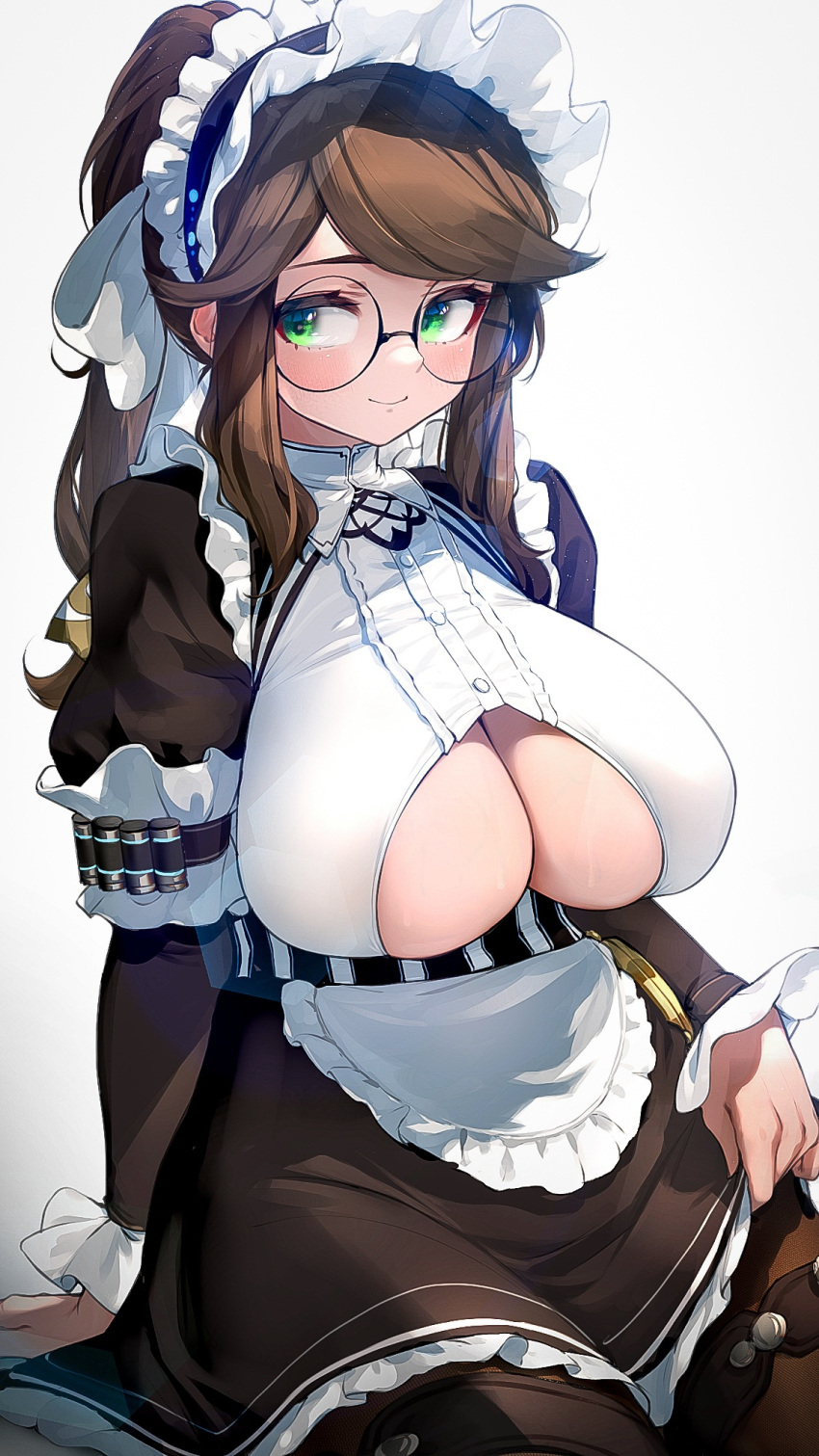1girl apron bangs black_dress black_legwear breasts center_frills closed_mouth clothing_cutout constantia_s2 dress frilled_apron frilled_sleeves frills glasses gradient gradient_background green_eyes grey_background hair_ribbon high_ponytail highres juliet_sleeves kashu_(hizake) large_breasts last_origin light_smile long_hair long_sleeves maid_headdress pantyhose puffy_sleeves ribbon round_eyewear simple_background sitting skindentation swept_bangs symbol-only_commentary thigh_strap underboob underboob_cutout waist_apron white_apron white_ribbon