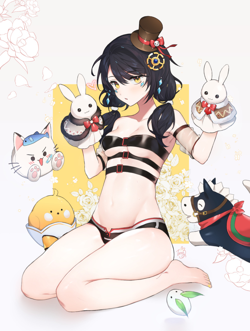 1girl armpits bare_shoulders barefoot belt beltbra bikini bikini_bottom black_bikini black_hair black_headwear breasts collarbone commission detached_sleeves elsword eve_(elsword) facial_mark hair_ornament hands_up hat highres long_hair looking_at_viewer low_twintails medium_breasts navel parted_lips puppet see-through_sleeves sitting solo stomach swimsuit thighs timy top_hat twintails yellow_eyes