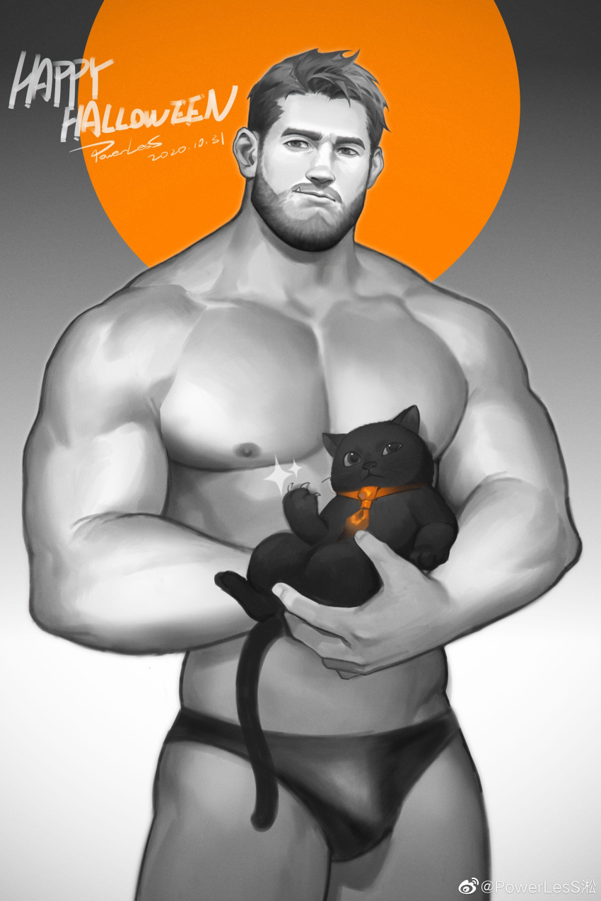 1boy absurdres animal bara beard biceps black_cat bulge cat claws cowboy_shot facial_hair halloween halloween_costume happy_halloween highres holding holding_animal holding_cat large_pectorals limited_palette male_focus mature_male multiple_monochrome muscular muscular_male nipples original pectorals powerlesssong short_hair solo sparkle stomach thick_thighs thighs topless_male underwear underwear_only