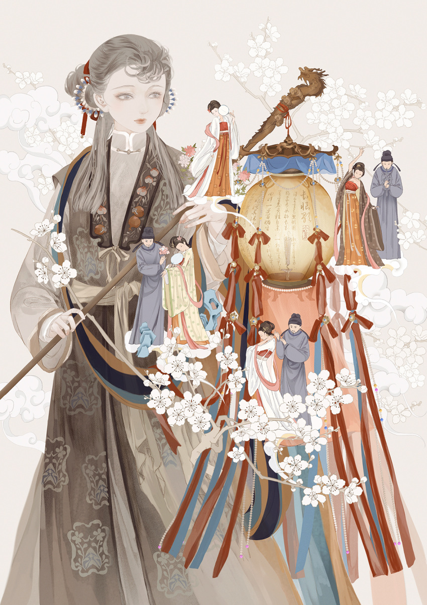 3boys 5girls arm_up bangs beads black_background branch chinese_clothes chinese_commentary closed_mouth cloud coat commentary_request dancing dragon dress earrings eastern_dragon eyelashes flat_chest floral_background floral_print flower flower_button flute food fruit gem giving grey_background guan_hat hagoromo hair_bun hair_flower hair_ornament hair_ribbon hair_rings half_updo hand_fan hand_up hands_up hanfu head_tilt hetero highres holding holding_fan holding_flower instrument jewelry lantern layered_sleeves light_particles lipstick long_hair long_sleeves looking_at_another makeup miniboy minigirl multiple_boys multiple_girls music off_shoulder original paper_fan paper_lantern peach playing_instrument ribbon robe sash shawl sleeves_past_wrists solo_focus standing strapless uchiwa updo white_flower wide_sleeves xiaoxia_xj