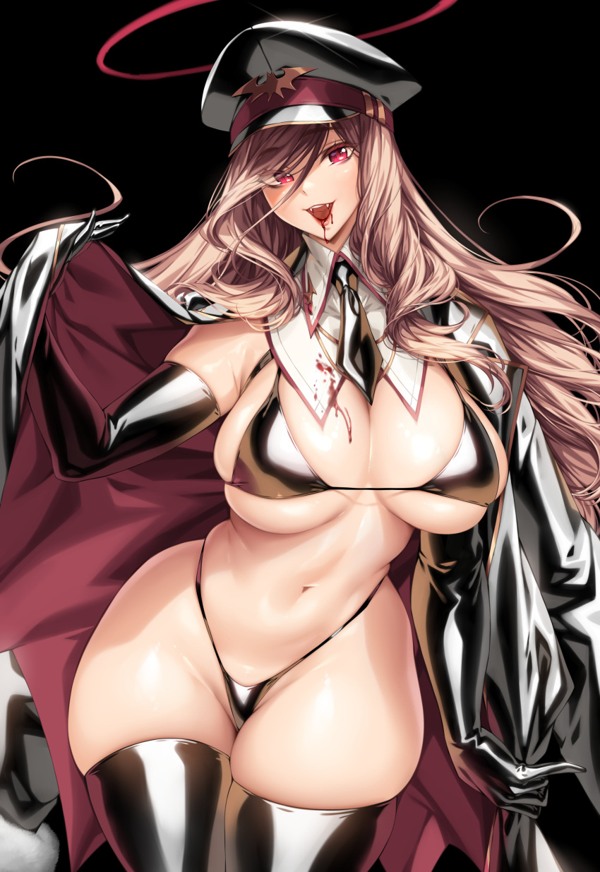 1girl absurdres bikini black_gloves black_legwear blonde_hair blood breasts elbow_gloves floating_hair gloves hat highres large_breasts long_hair open_mouth original red_eyes simple_background skin_tight swimsuit thick_thighs thighhighs thighs vampire yin-ting_tian