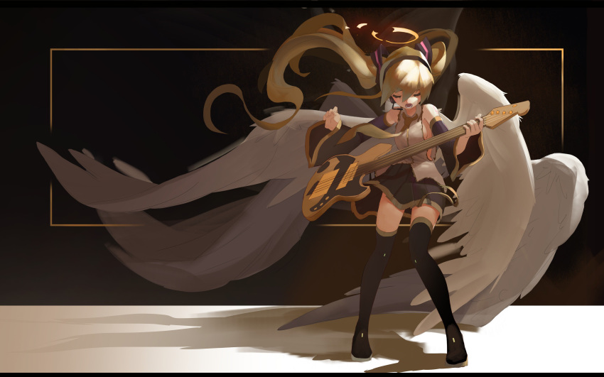 1girl absurdres black_footwear black_skirt blonde_hair boots detached_sleeves electric_guitar eyes_closed feathered_wings full_body guitar halo hatsune_miku highres holding holding_instrument instrument long_hair music open_mouth pleated_skirt singing skirt solo thigh_boots thighhighs topdylan twintails very_long_hair vocaloid white_wings wind wings zettai_ryouiki
