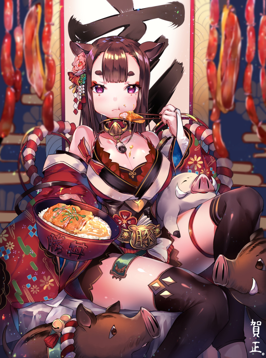 1girl animal animal_ears bangs bare_shoulders bell bike_shorts black_legwear blush boar boar_ears bowl breasts bridal_gauntlets brown_hair chinese_zodiac chopsticks cleavage closed_mouth collarbone commentary_request detached_sleeves eating flower food food_on_breasts food_on_face hair_flower hair_ornament highres japanese_clothes jingle_bell large_breasts lips long_hair long_sleeves looking_at_viewer messy mole mole_under_eye new_year obi original purple_eyes rice rope sash sausage shimenawa short_eyebrows sitting thigh_strap thighhighs usagihime year_of_the_pig