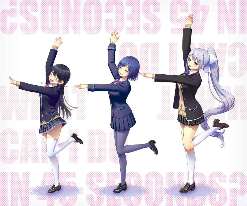 3girls :d ^_^ ^o^ arm_up bangs black_hair blue_hair blush bow bowtie breasts brown_eyes closed_eyes eyebrows_visible_through_hair eyes_closed hair_ornament hairclip highres higuchi_kaede jacket kath kneehighs leg_up loafers long_hair looking_at_viewer multiple_girls nijisanji open_mouth outstretched_arm pantyhose pleated_skirt ponytail purple_eyes purple_legwear school_uniform shizuka_rin shoes short_hair simple_background skirt sleeves_past_wrists smile thighhighs tsukino_mito very_long_hair virtual_youtuber white_legwear