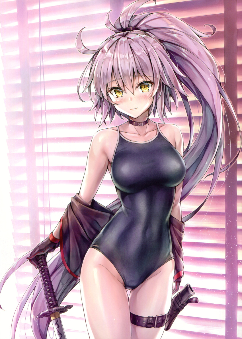 1girl absurdres bangs bare_shoulders black_gloves blush breasts closed_mouth collarbone covered_navel eyebrows_visible_through_hair fate/grand_order fate_(series) gloves highres holding indoors jacket jeanne_d'arc_(alter_swimsuit_berserker) jeanne_d'arc_(fate)_(all) kotatsu_(kotatsu358) long_hair looking_at_viewer medium_breasts off_shoulder one-piece_swimsuit open_clothes open_jacket ponytail purple_hair scan sheath shiny shiny_hair solo swimsuit sword thigh_strap weapon yellow_eyes