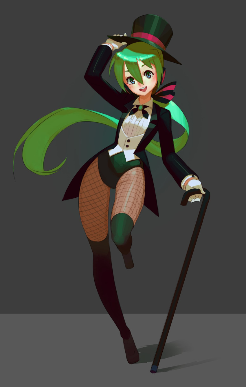 1girl absurdres bangs black_hat black_legwear blue_eyes blush cane coattails fishnet_pantyhose fishnets full_body gloves green_hair green_legwear grey_background hair_between_eyes hat hatsune_miku highres holding_cane long_hair long_sleeves looking_at_viewer miracle_paint_(vocaloid) open_mouth pantyhose ponytail shadow smile solo standing standing_on_one_leg thighhighs top_hat topdylan very_long_hair vocaloid white_gloves