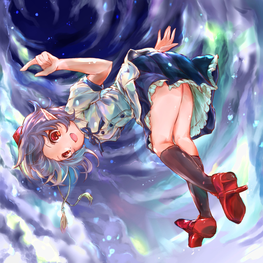 1girl arms_up bending_forward black_legwear black_skirt blue_ribbon cloud cloudy_sky flying from_below geta hat highres ikazuchi_akira index_finger_raised kneehighs light_particles looking_at_viewer messy_hair neck_ribbon night no_wings open_mouth outdoors petticoat pointy_ears puffy_short_sleeves puffy_sleeves purple_hair red_eyes red_footwear ribbon shameimaru_aya shirt short_hair short_sleeves skirt sky solo tengu-geta tokin_hat touhou untucked_shirt white_shirt