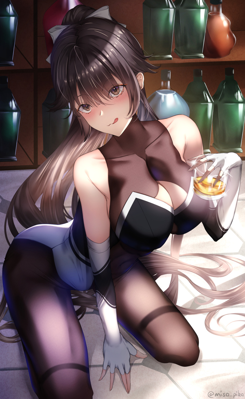 1girl :q absurdres artist_name azur_lane bare_shoulders bodystocking bow breasts cleavage_cutout clothing_cutout cup elbow_gloves extra_ears eyebrows_visible_through_hair eyes_visible_through_hair fingerless_gloves gloves highres holding holding_cup indoors large_breasts leaning_forward licking_lips long_hair misa_pika multicolored_leotard official_alternate_costume orange_eyes pantyhose ponytail race_queen skin_tight solo takao_(azur_lane) takao_(full_throttle_charmer)_(azur_lane) tongue tongue_out two-tone_leotard unitard very_long_hair white_bow white_gloves