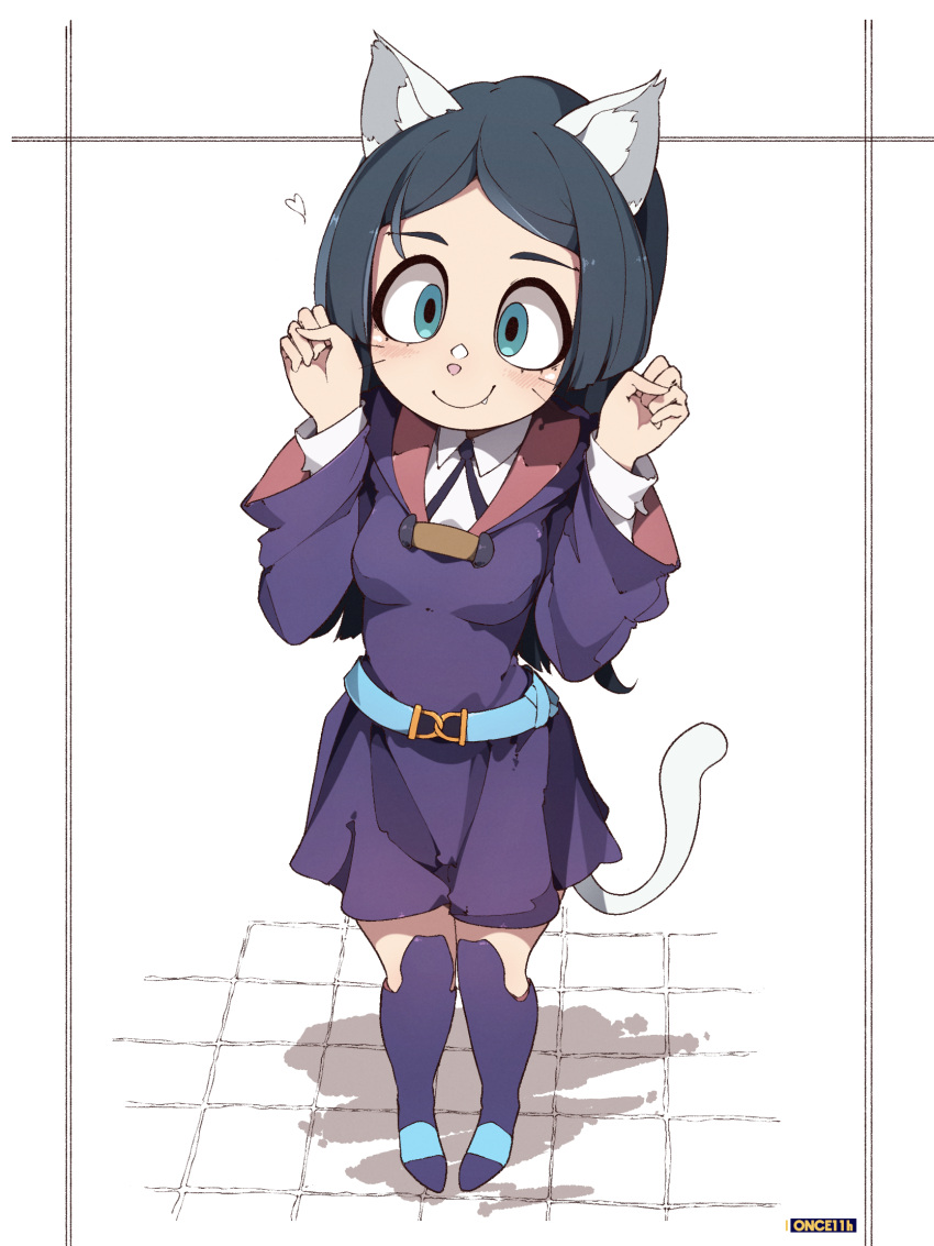 1girl animal_ears aqua_eyes bad_id bad_pixiv_id barbara_parker bell blue_hair boots breasts cat_ears cat_tail closed_mouth collar dress full_body hands_up heart highres little_witch_academia long_hair long_sleeves once_11h paw_pose purple_dress purple_footwear purple_hood purple_ribbon ribbon shirt simple_background small_breasts smile solo standing tail white_background white_shirt