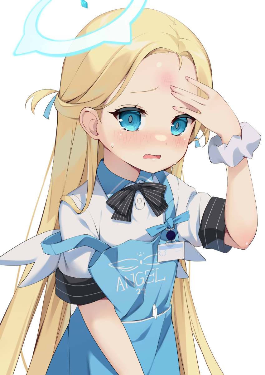 1girl absurdres apron arm_up bangs black_bow blonde_hair blue_apron blue_archive blush bow bruise bruise_on_face clothes_writing collared_shirt english_text fang forehead halo highres ikazu401 injury long_hair looking_at_viewer mini_wings open_mouth parted_bangs scrunchie shirt short_sleeves simple_background solo sora_(blue_archive) strap_slip striped striped_bow tears two_side_up very_long_hair wavy_mouth white_background white_scrunchie white_shirt white_wings wings wrist_scrunchie