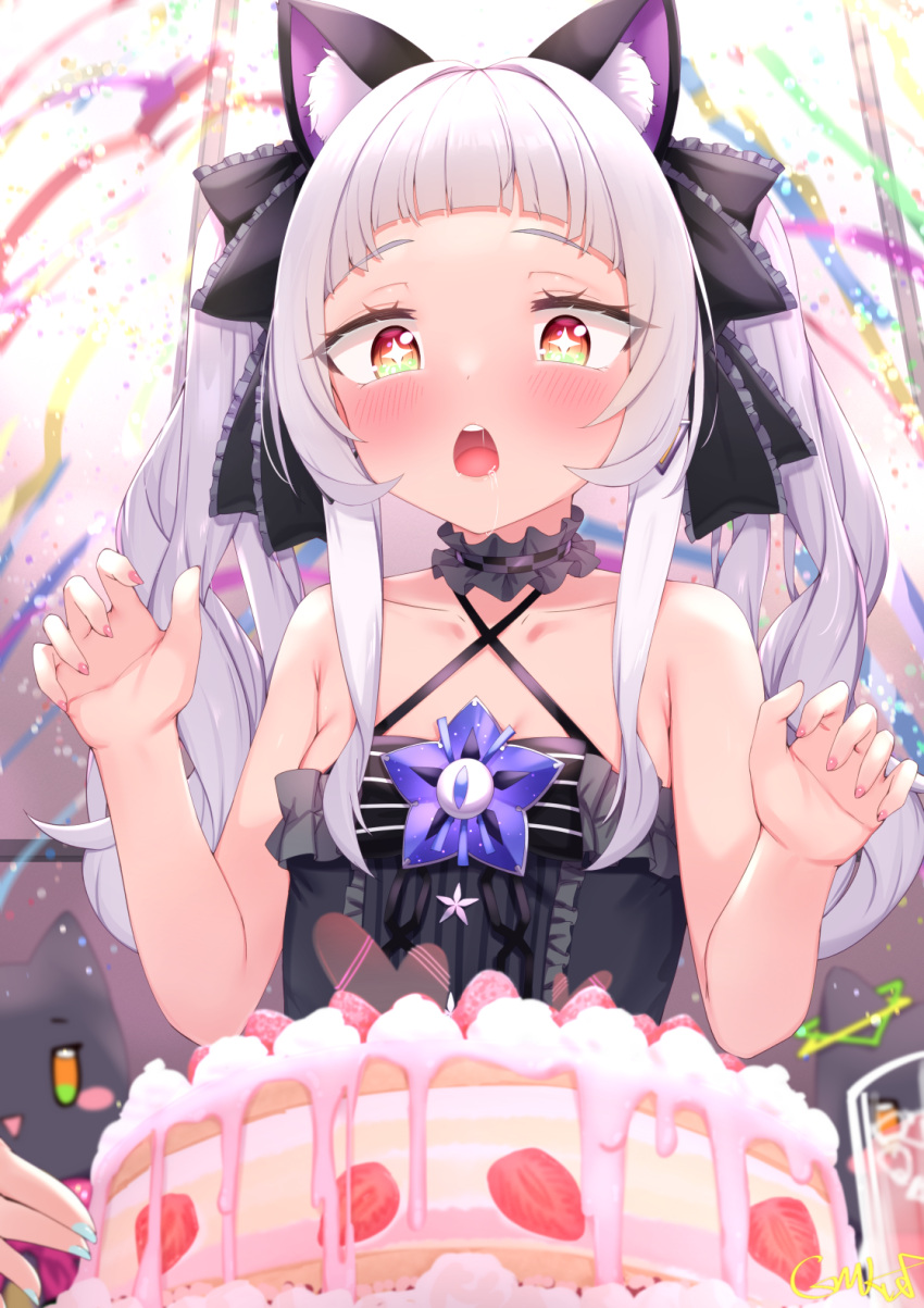 +_+ 1girl animal_ear_fluff animal_ears bangs bare_arms bare_shoulders black_dress black_ribbon blue_nails breasts cake cat_ears choker commentary criss-cross_halter dress drooling food frilled_choker frilled_ribbon frills fruit gmkj hair_ribbon halterneck hands_up highres hololive long_hair looking_at_food murasaki_shion nail_polish open_mouth orange_eyes out_of_frame party_popper pink_nails ribbon saliva shiokko_(murasaki_shion) signature silver_hair sleeveless sleeveless_dress small_breasts solo_focus strawberry strawberry_cake teeth twintails upper_body upper_teeth virtual_youtuber