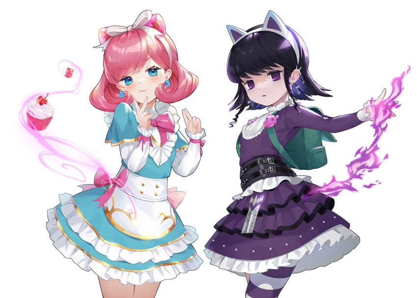 2girls absurdres animal_ears annie_(league_of_legends) apron backpack bag bangs black_hair blush bow bowtie buttons cafe_cuties_annie cat_ears cherry cowboy_shot cross cross_earrings cupcake double-breasted dress dual_persona earrings eyebrows_visible_through_hair fake_animal_ears fire food frilled_dress frills fruit goth_annie gothic green_dress gummy_bear gummy_bear_earrings hair_bow hands_up highres jewelry laon layered_dress layered_sleeves league_of_legends long_sleeves magic medium_hair multiple_girls official_alternate_costume pantyhose parted_lips pink_bow pink_bowtie pink_hair purple_eyes shiny shiny_hair short_over_long_sleeves short_sleeves smile striped striped_legwear waist_apron white_bow white_legwear