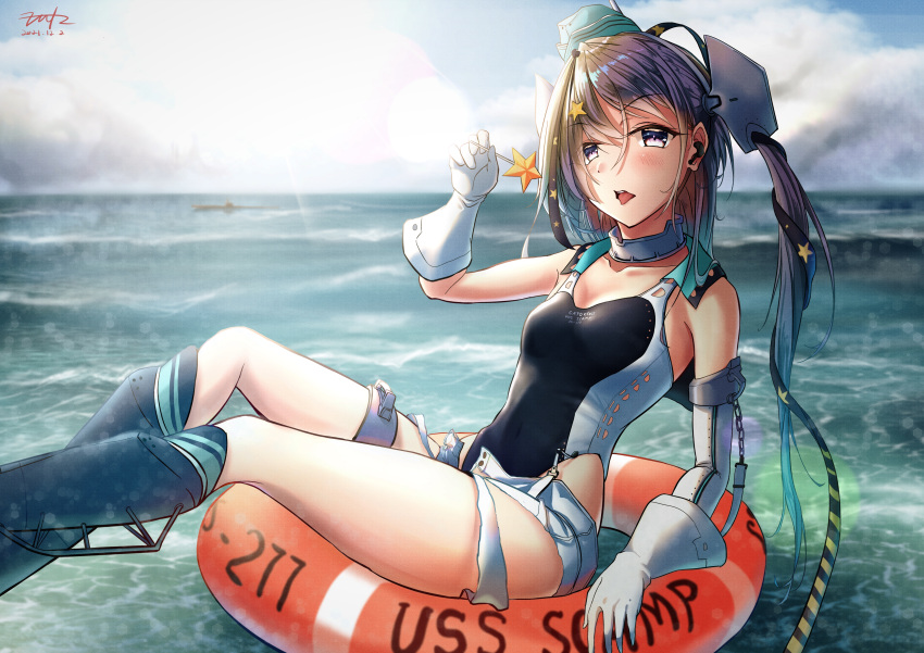 1girl absurdres aqua_headwear black_footwear black_ribbon black_swimsuit breasts candy cloud competition_swimsuit day food fritz614 garrison_cap gloves grey_eyes grey_hair hair_ornament hair_ribbon hat highleg highleg_swimsuit highres holding holding_candy holding_food kantai_collection lifebuoy long_hair one-piece_swimsuit outdoors ribbon scamp_(kancolle) short_shorts shorts side_ponytail small_breasts solo star_(symbol) star_hair_ornament submarine swimsuit watercraft white_gloves white_shorts