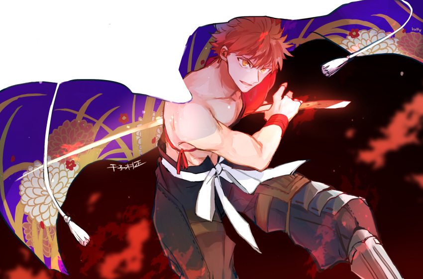 1boy bangs character_name cowboy_shot emiya_shirou fate/grand_order fate_(series) floral_print hally highres holding holding_sword holding_weapon male_focus open_mouth parted_lips ready_to_draw red_hair senji_muramasa_(fate) solo sword tassel topless_male under_covers weapon wristband yellow_eyes