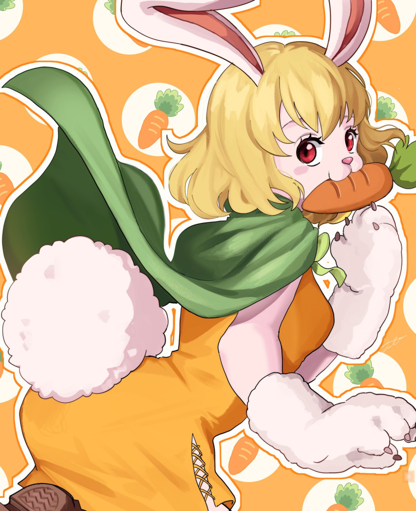 1girl animal_ears bent_over blonde_hair breasts cape carrot_(one_piece) dress from_behind fujitachobi furry furry_female gloves green_cape highres looking_at_viewer looking_back mouth_hold one_piece open_mouth orange_dress rabbit_ears rabbit_girl rabbit_tail red_eyes short_hair solo tail white_fur