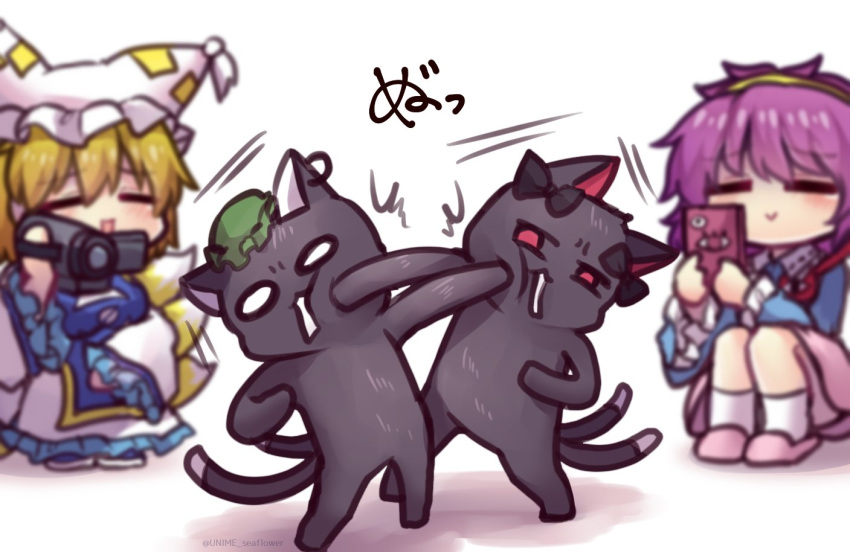 2girls black_cat blonde_hair bow camera cat cat_tail catfight chen chen_(cat) closed_eyes ear_piercing earrings fighting filming fox_tail frills green_headwear jewelry kaenbyou_rin kaenbyou_rin_(cat) komeiji_satori multiple_girls multiple_tails nekomata one-hour_drawing_challenge open_mouth phone piercing punching purple_hair red_eyes rivalry shadow short_hair single_earring sitting slippers smile tabard tail third_eye touhou two_tails unime_seaflower white_background white_headwear yakumo_ran