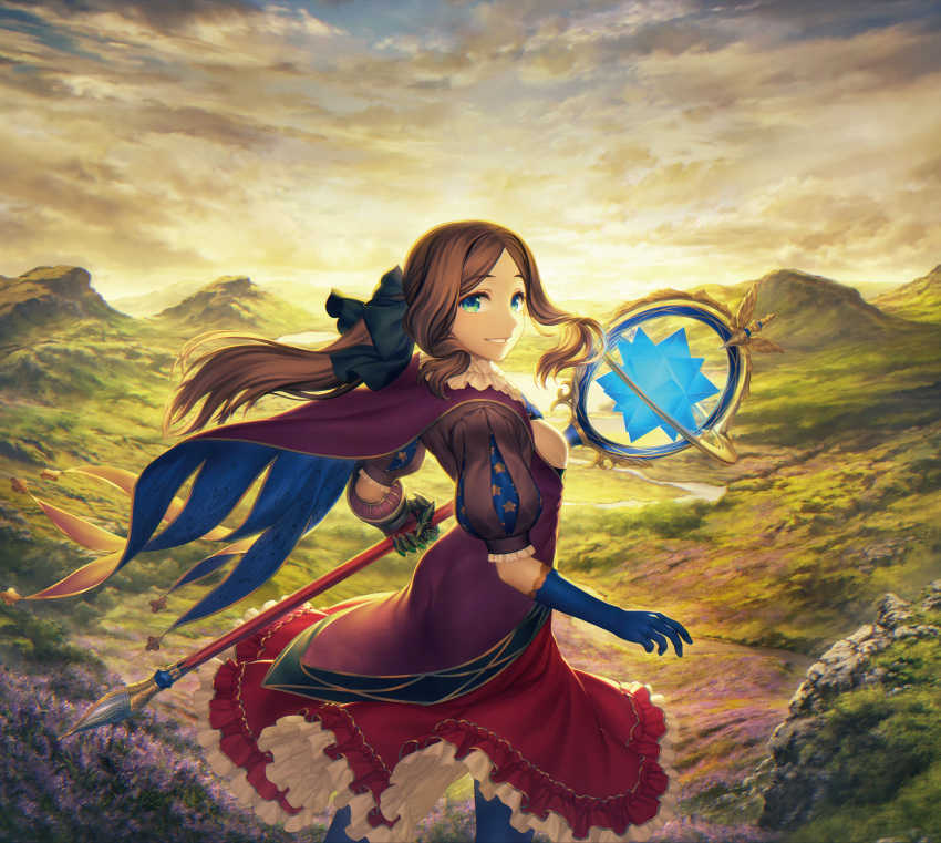 absurdres ass blue_eyes breasts fate/grand_order fate_(series) flower highres leonardo_da_vinci_(fate) leonardo_da_vinci_(rider)_(fate) looking_at_viewer mechanical_arms mountainous_horizon official_art resized ribbon simosi single_mechanical_arm sky small_breasts source_request staff sunset upscaled