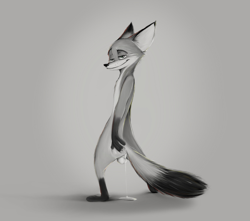 anthro anus backsack balls bodily_fluids canid canine cum cum_drip disney dripping fox genital_fluids genitals hi_res looking_at_viewer male mammal monochrome nick_wilde nude ottmutt solo tagme zootopia