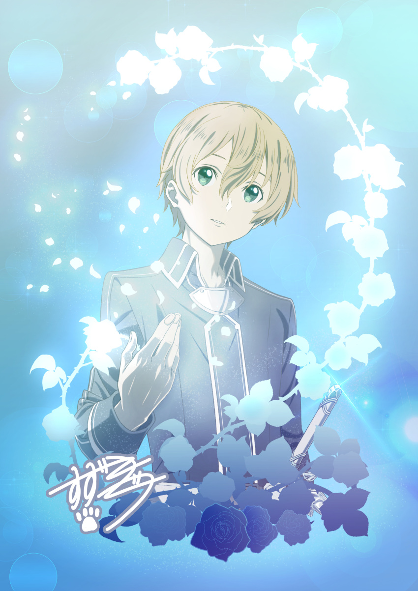 1boy absurdres blonde_hair blue_background blue_cape blue_flower blue_rose blue_rose_sword blue_shirt cape collar eugeo flower green_eyes hands_up highres long_sleeves looking_at_viewer male_focus rose shirt short_hair suzuki_gou sword sword_art_online sword_art_online:_alicization weapon