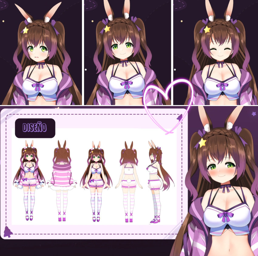 1girl animal_ear_fluff animal_ears bare_shoulders bra_strap breasts brown_hair choker cleavage closed_eyes crop_top expressions green_eyes halterneck highres indie_virtual_youtuber jacket kurot large_breasts long_hair looking_at_viewer mary_janes midriff multiple_views navel off_shoulder open_clothes open_jacket purple_jacket rabbit_ears rabbit_tail ribbon_choker shirt shoes short_shorts shorts sleeveless sleeveless_shirt smile spaghetti_strap staryuuki stomach striped striped_jacket striped_legwear tail thighhighs two_side_up very_long_hair virtual_youtuber white_legwear white_shirt white_shorts