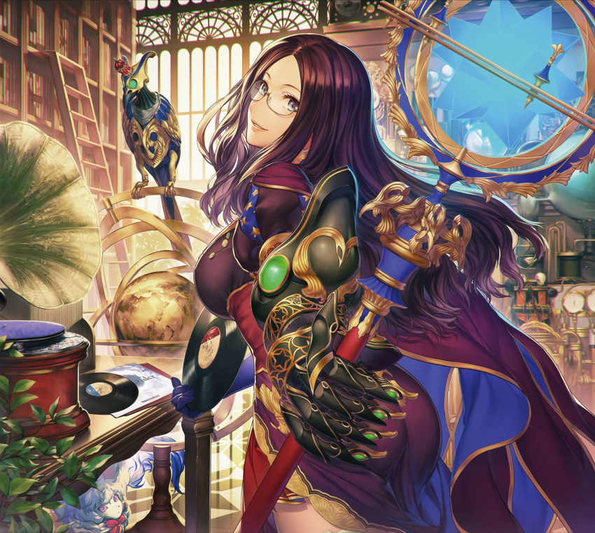 1girl absurdres ass bird blue_eyes book breasts dress fate/grand_order fate_(series) glasses highres large_breasts leonardo_da_vinci_(fate) looking_at_viewer mechanical_arms official_art plant red_dress resized simosi single_mechanical_arm source_request staff upscaled