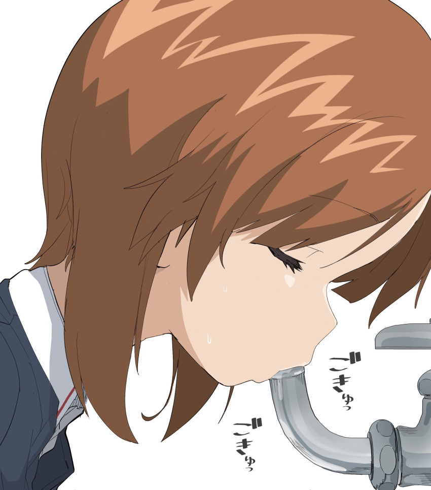 1girl brown_hair closed_eyes drinking faucet girls_und_panzer henyaan_(oreizm) highres nishizumi_miho ooarai_military_uniform school_uniform sexually_suggestive short_hair simple_background solo white_background