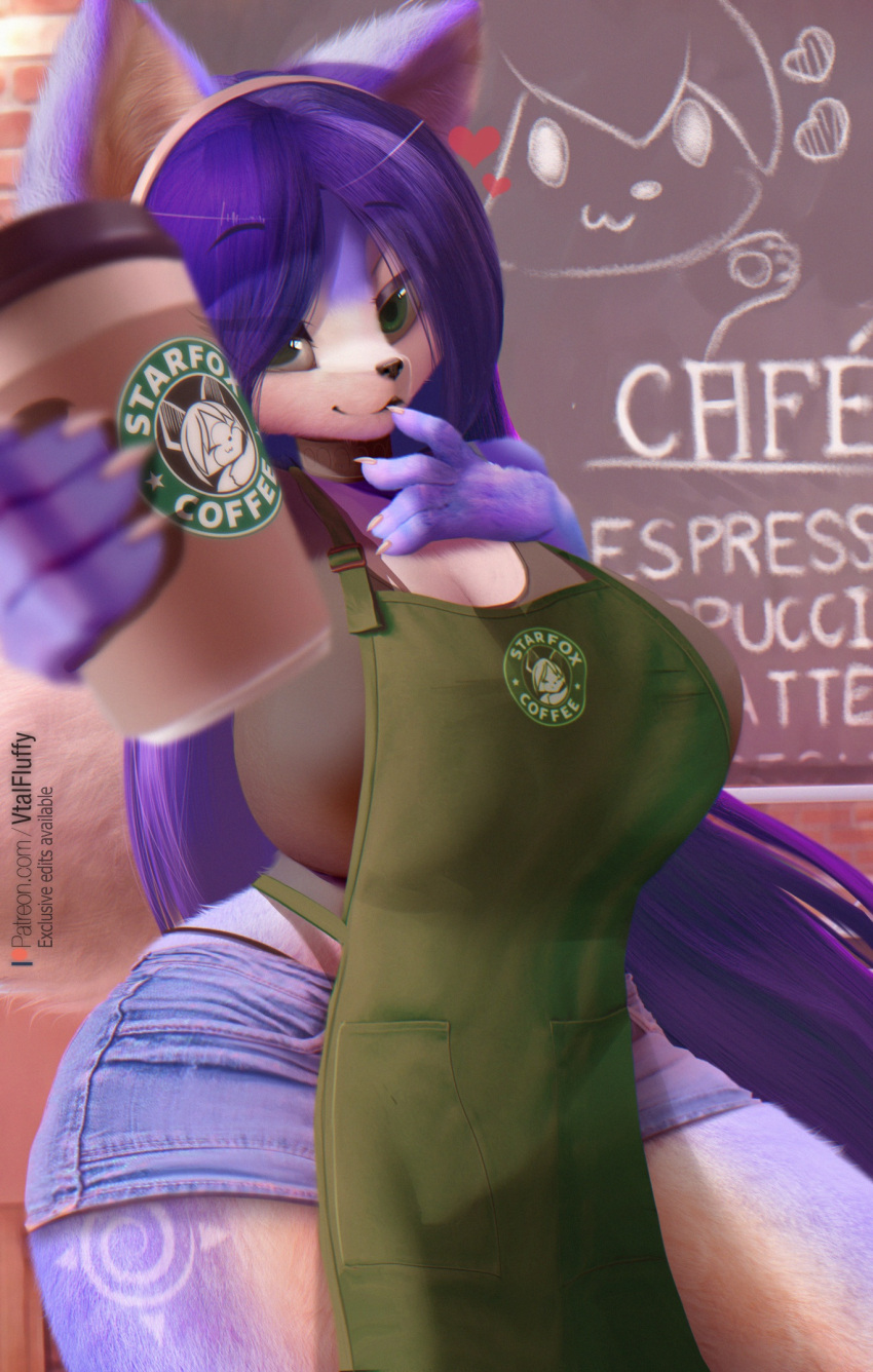 2021 accessory anthro apron blue_body blue_fur bottomwear canid canine chalkboard clothing coffee_cup container cup cutoffs denim denim_clothing female finger_to_mouth fox fur hair_accessory hairband hi_res i_mean_breast_milk krystal mammal meme nintendo shorts star_fox v-tal video_games