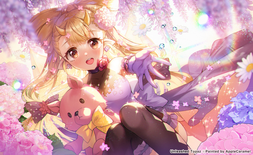 1girl :d apple_caramel bangs black_bow black_legwear blurry blurry_foreground blush bow breasts brown_eyes brown_hair character_request commentary depth_of_field dress earrings elbow_gloves eyebrows_visible_through_hair feet_out_of_frame flower flower_earrings gloves hair_bow highres horns jewelry knees_up long_hair looking_at_viewer medium_breasts official_art outstretched_arm pointy_ears purple_dress purple_gloves red_flower red_rose rose sleeveless sleeveless_dress smile solo stuffed_animal stuffed_toy teddy_bear teeth thighhighs unleashed upper_teeth very_long_hair watermark white_flower wisteria