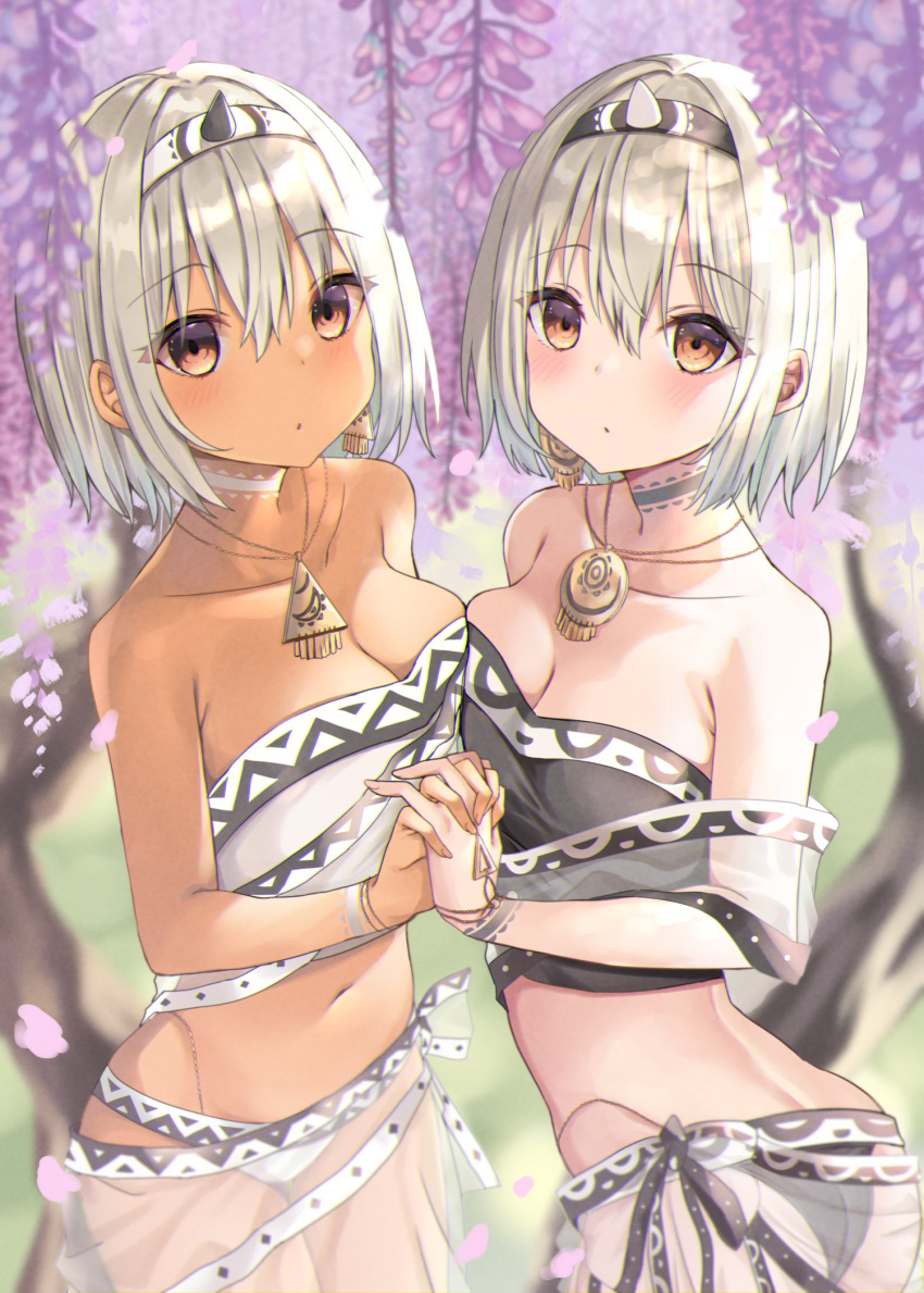 2girls akino_ell bare_shoulders bikini black_bikini black_choker black_shirt breasts choker cleavage closed_mouth cowboy_shot crop_top dark_skin flower hairband highleg highres holding_hands jewelry looking_at_viewer medium_breasts midriff multiple_girls navel necklace orange_eyes purple_flower revealing_clothes sarana see-through shirt short_hair siblings sidelocks sisters standing stomach strapless strapless_shirt string_bikini swimsuit twins uruuru utawarerumono utawarerumono:_lost_flag white_bikini white_choker white_hair white_shirt wisteria