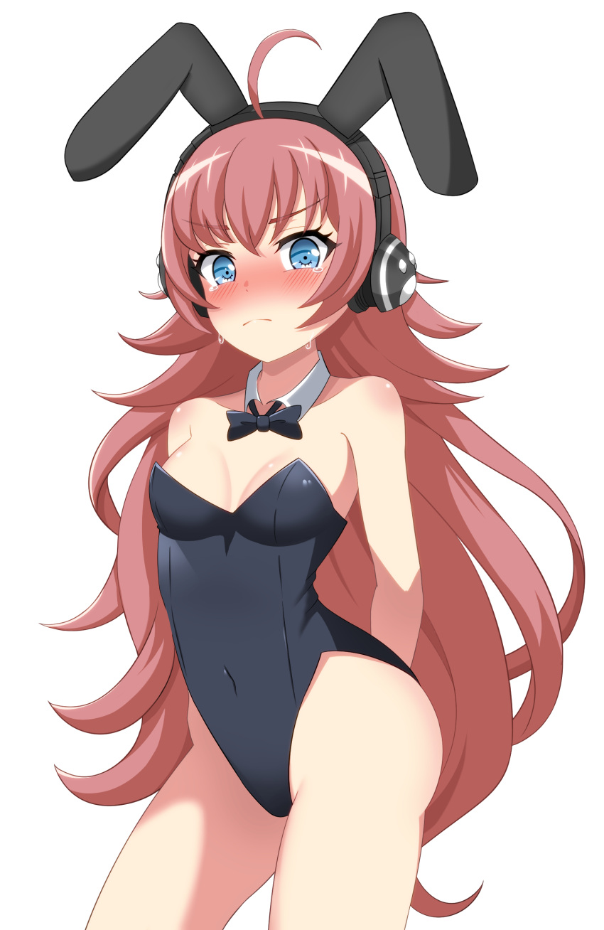1girl absurdres ahoge animal_ears arms_behind_back baek_hyang'geum bang_dream! bare_legs black_leotard blue_eyes blush bow bowtie breasts cleavage detached_collar embarrassed headphones highres leotard long_hair medium_breasts nose_blush playboy_bunny rabbit_ears rabbit_tail red_hair simple_background solo standing tail tamade_chiyu white_background