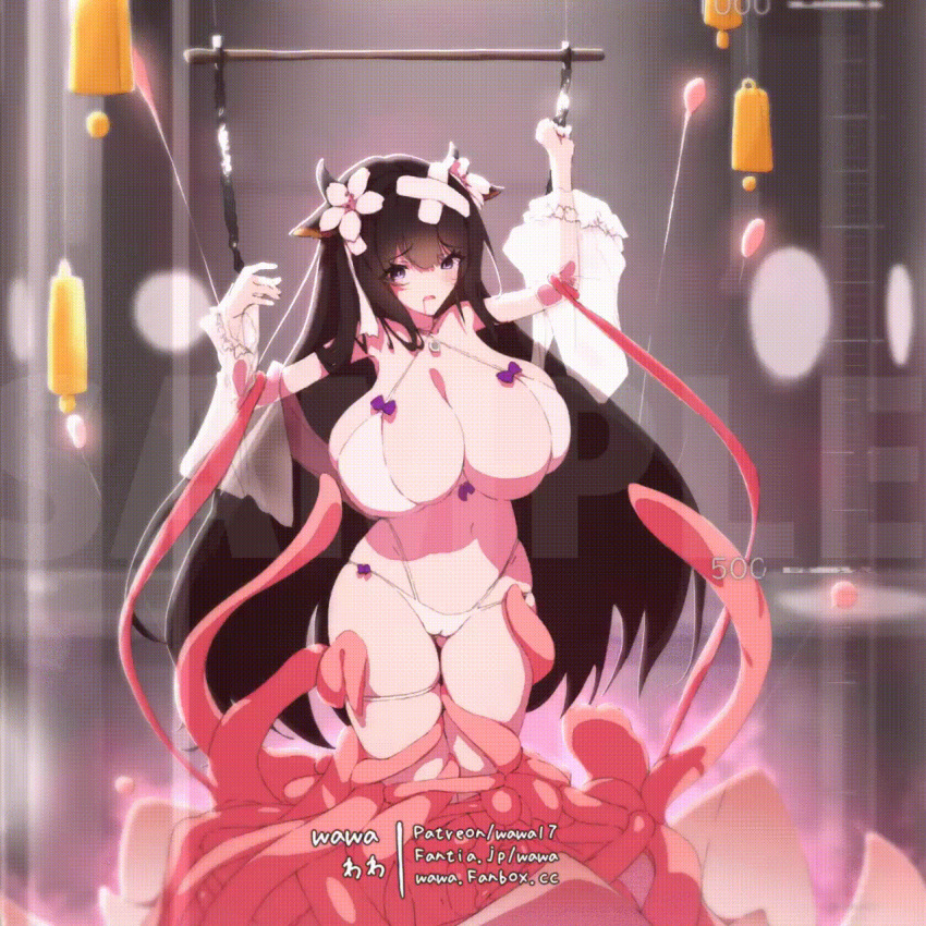 accessory animal_humanoid animated arm_grab azur_lane band-aid bandage big_breasts bikini bikini_bottom bikini_top blush bodily_fluids bouncing_breasts bovid bovid_humanoid bovine bovine_humanoid breasts brown_hair camel_toe cattle_humanoid clothing digital_media_(artwork) drooling female hair hi_res horn horned_humanoid huge_breasts humanoid kashino_(azur_lane) leg_grab leg_rub light_body light_skin lingomogu long_hair mammal mammal_humanoid navel pink_tentacles purple_bow purple_eyes saliva sample skindentation solo swimwear tentacles video_games white_bikini white_clothing white_flower white_swimwear