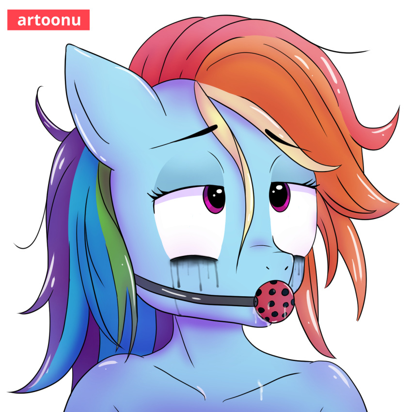 2021 anthro artoonu ball_gag blue_body bodily_fluids broken crying dripping equid equine exhausted eyelids female friendship_is_magic gag hair half-closed_eyes hasbro hi_res horse makeup mammal mascara mascara_tears messy messy_hair multicolored_hair my_little_pony narrowed_eyes pink_eyes pony rainbow_dash_(mlp) rainbow_hair running_makeup saliva saliva_drip signature solo solo_focus submissive tears tired tired_eyes