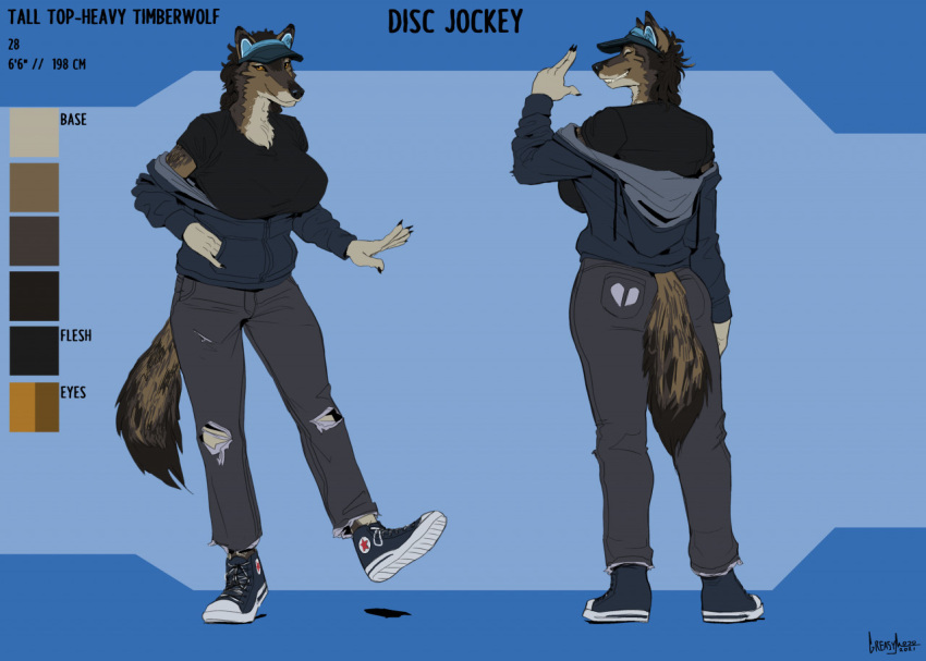 anthro big_breasts biped breasts canid canine canis claws clothed clothing english_text female finger_claws front_view greasymojo hat headgear headwear hoodie huge_breasts mammal model_sheet on_one_leg plantigrade rear_view solo standing text topwear wolf