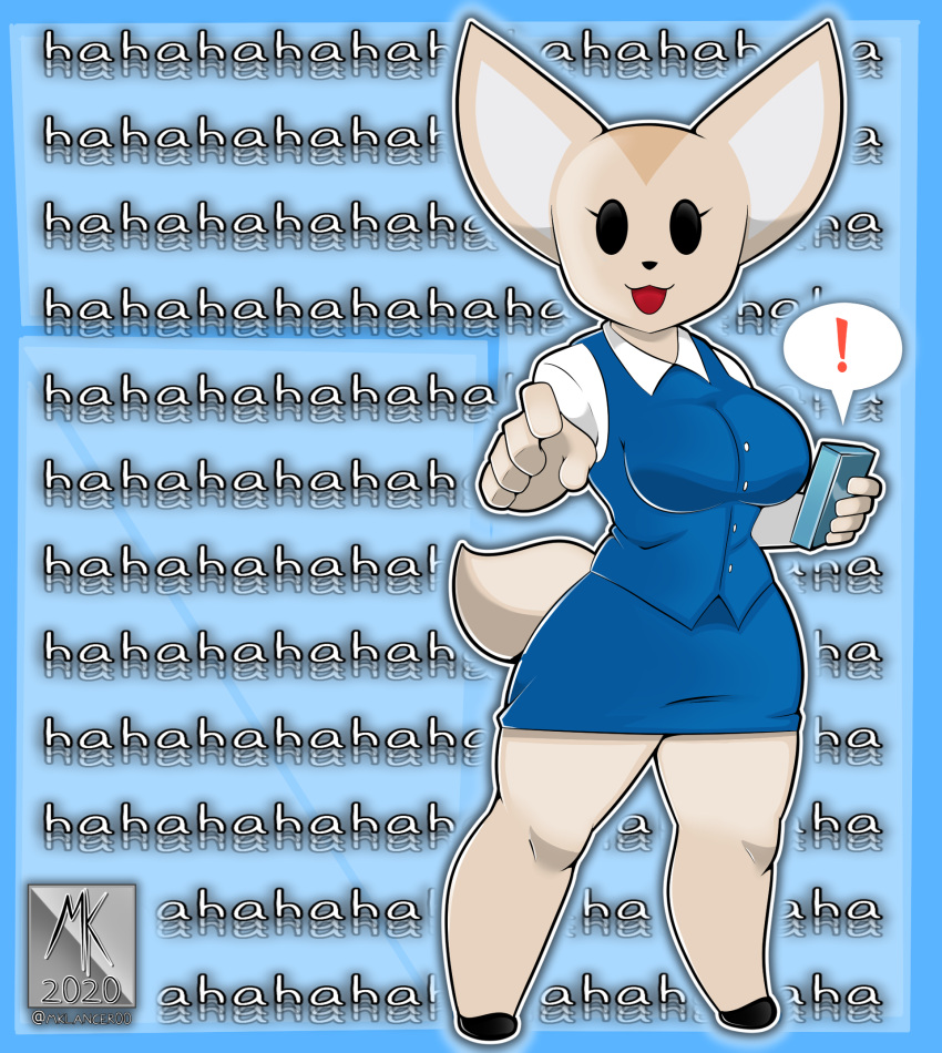 ! 2020 aggressive_retsuko anthro big_ears blue_background breasts canid canine clothing curvy_figure dialogue digital_media_(artwork) dot_eyes dress english_text eyelashes female fennec fenneko fingers fox fur gesture hi_res looking_at_viewer mammal mklancer00 multicolored_body multicolored_fur phone pointing pointing_at_viewer sanrio simple_background simple_eyes smile solo standing tan_body tan_fur text thick_thighs two_tone_body two_tone_fur voluptuous white_body white_fur wide_hips