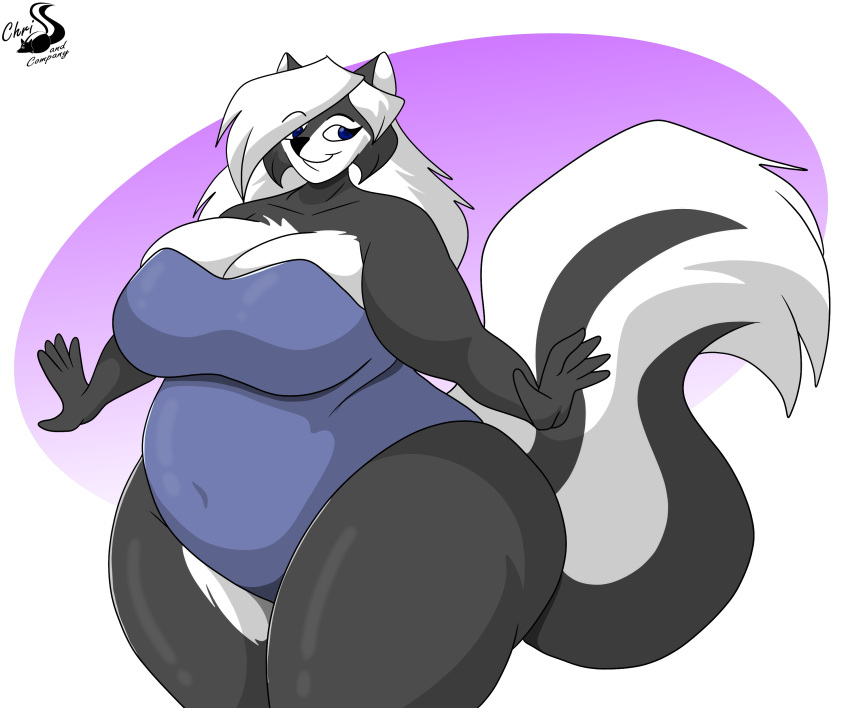 absurd_res anthro breasts cjshadorunner cleavage clothed clothing female hi_res mammal mephitid one-piece_swimsuit overweight overweight_anthro overweight_female skunk solo swimwear