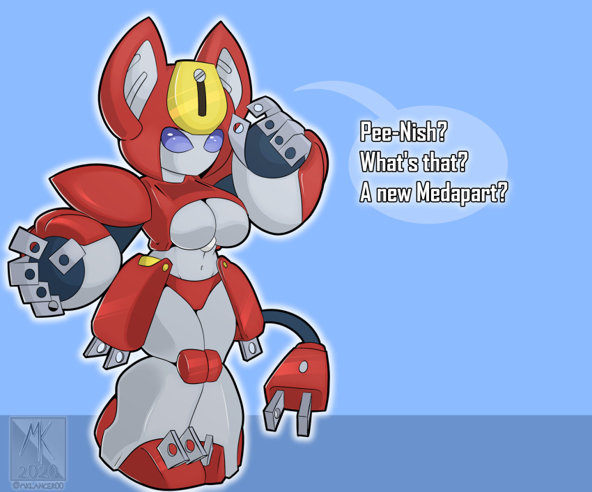 2020 anthro big_breasts big_ears big_hands blue_background blue_eyes blue_sclera breasts clothing curvy_figure dialogue digital_media_(artwork) english_text felid feline female fingers grey_body grey_skin hi_res machine mammal medabots mklancer00 navel panties peppercat plug red_body red_skin robot simple_background solo standing text thick_thighs under_boob underwear voluptuous wide_hips