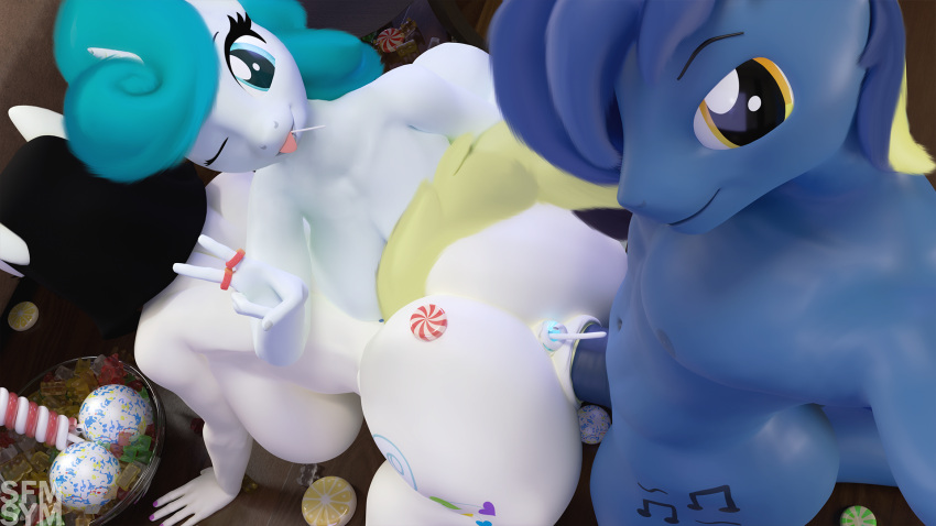 16:9 3d_(artwork) anthro big_breasts big_butt breasts butt candy clothing dessert digital_media_(artwork) female food friendship_is_magic genitals group hasbro hi_res huge_breasts huge_butt looking_at_viewer male male/female my_little_pony my_little_pony:_the_movie_(2017) nude one_eye_closed penetration penis pussy sex smile songbird_serenade_(mlp) symm vaginal vaginal_penetration widescreen