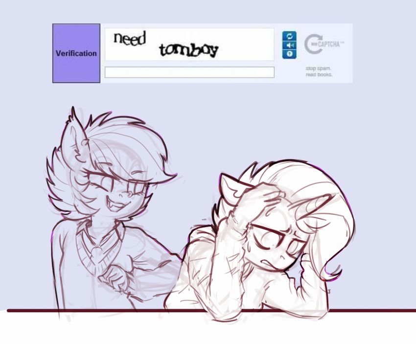 2019 anthro bat_pony bodily_fluids captcha clothed clothing duo english_text equid equine female friendship_is_magic hair hasbro hi_res horn horse male male/female mammal meme my_little_pony pony simple_background sketch smile sweat text tomboy topwear unicorn unicorn_horn yodi_(oc) yoditax