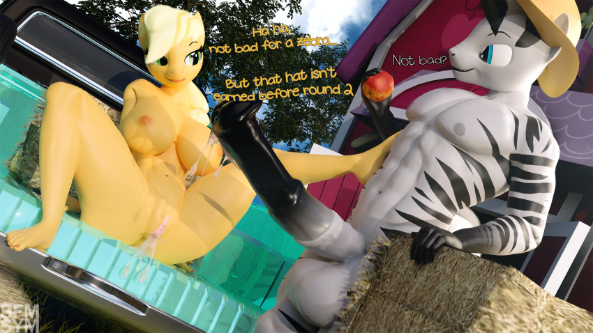 16:9 3d_(artwork) 5_toes anthro applejack_(mlp) balls barefoot big_breasts big_butt bodily_fluids breasts butt cum cum_in_pussy cum_inside digital_media_(artwork) duo equid equine erection eye_contact feet female friendship_is_magic genital_fluids genitals hasbro hi_res huge_breasts huge_butt looking_at_another male male/female mammal my_little_pony nipples nude penis pussy smile symm toes widescreen zebra